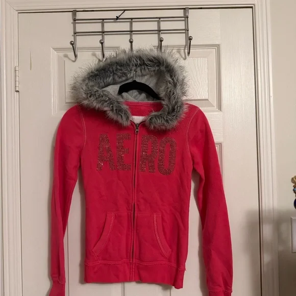 Aeropostale Hot Pink Girls Zip Hoodie with Faux Fur Hood - Picture 3 of 5